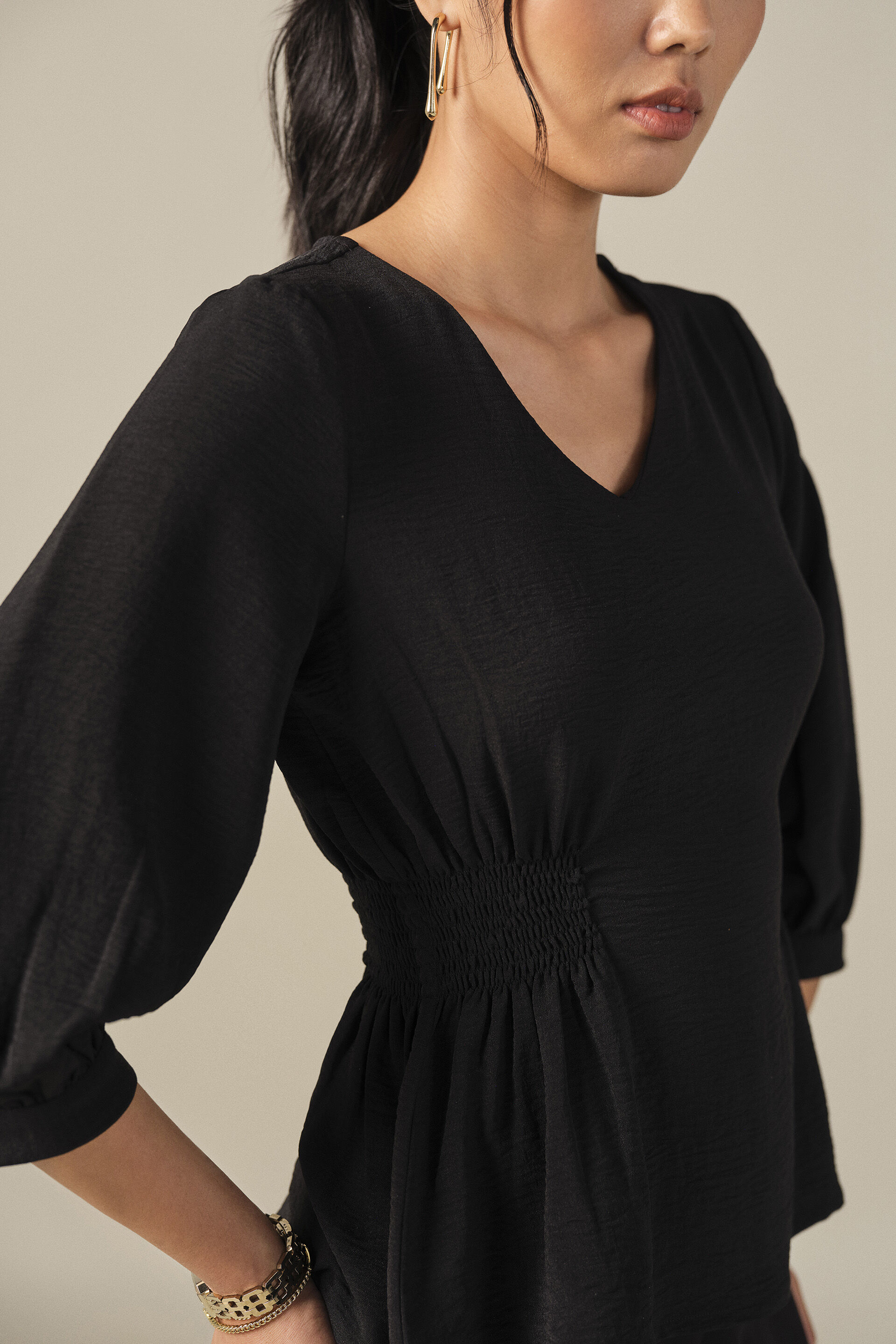 Side Smocked Top in Black, Black, image 3